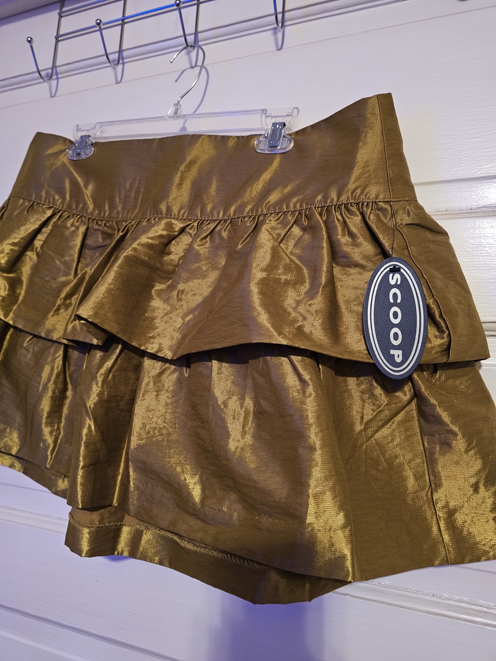 Scoop Tiered Ruffle Mini Skirt Olive Dust Gold Metallic Tafteta Size 16/18 XL - Picture 3 of 10